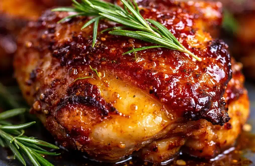 Delicious hot honey chicken thighs served on a plate.