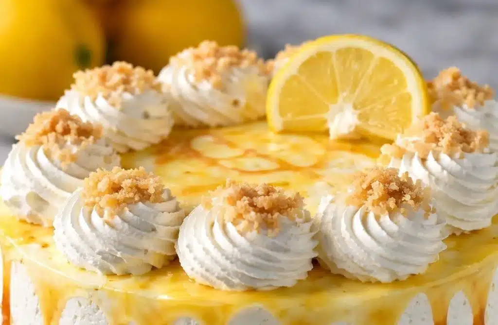 Delicious slice of Italian Lemon Cream Cake with lemon zest and creamy frosting