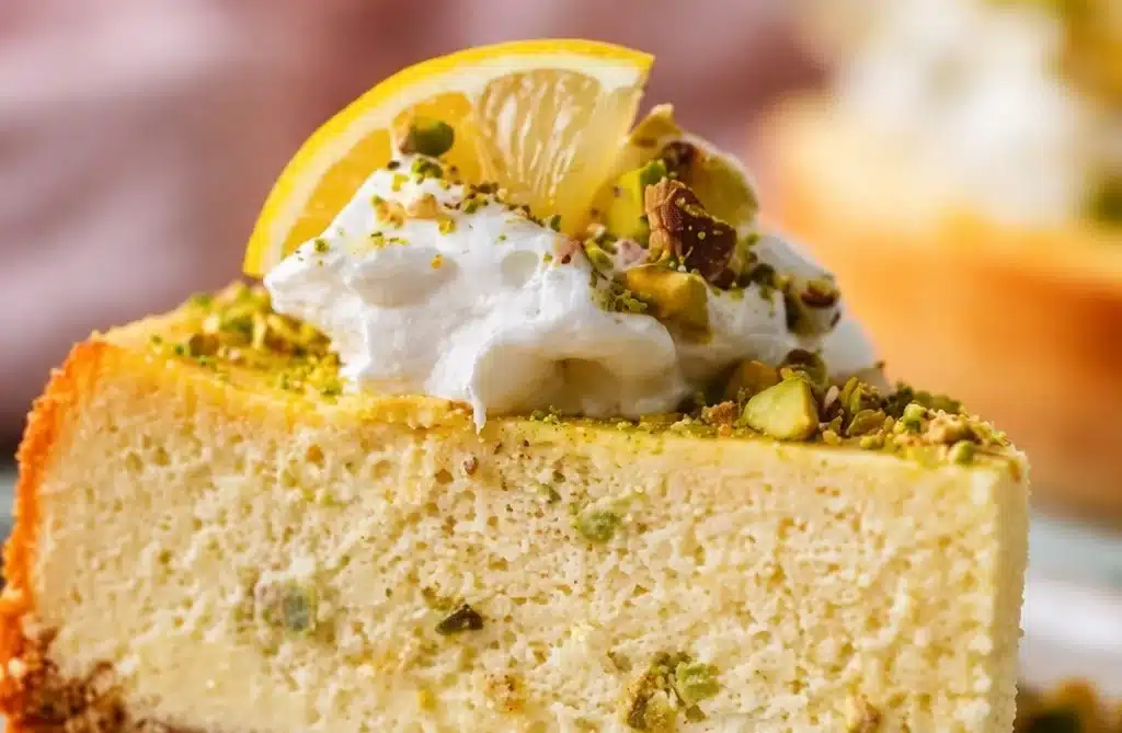 Lemon Lime Pistachio Cheesecake garnished with lime zest and pistachios