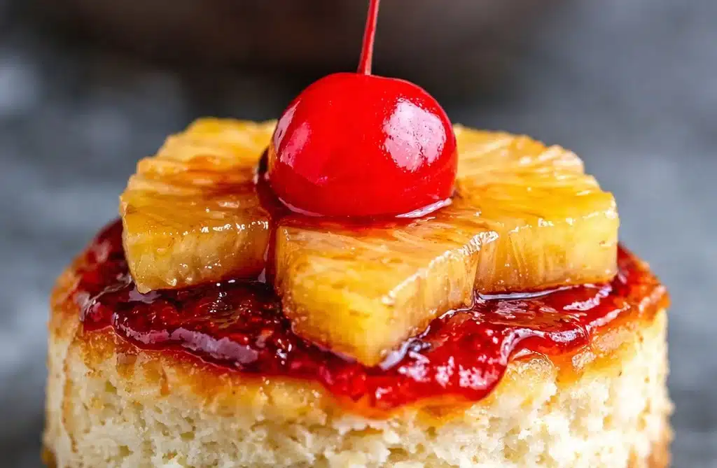 Delicious mini pineapple upside down cheesecakes displayed on a plate