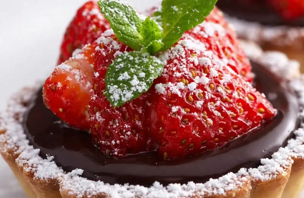 Mini strawberry chocolate tartlets topped with fresh strawberries and chocolate drizzle
