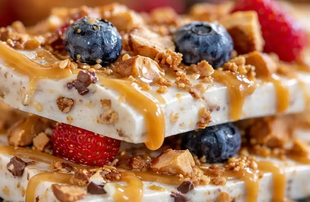 Delicious peanut butter yogurt bark topped with nuts and chocolate chips.