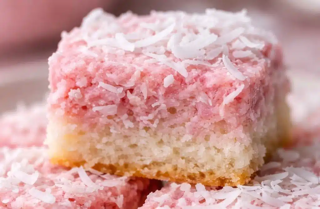 Pink Coconut Snowball Cake Bars topped with fluffy coconut frosting