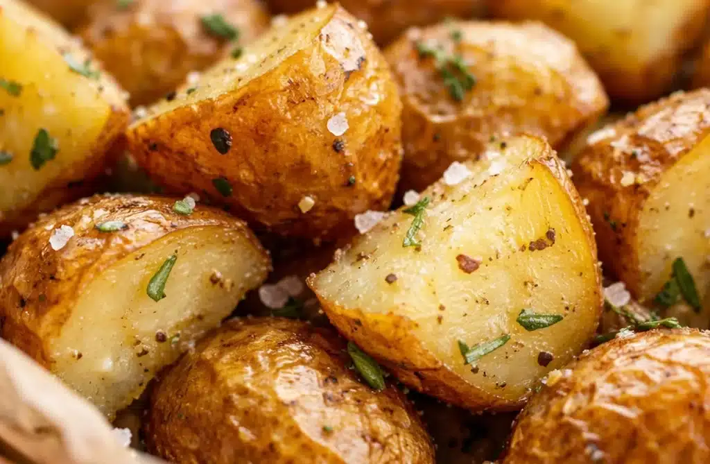 Bowl of sea salt chopped potatoes seasoned and cooked to golden perfection