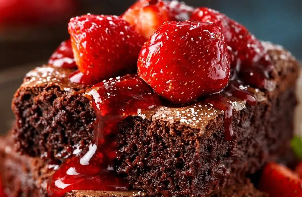 Delicious Strawberry Brownie dessert with fresh strawberries and rich chocolate.
