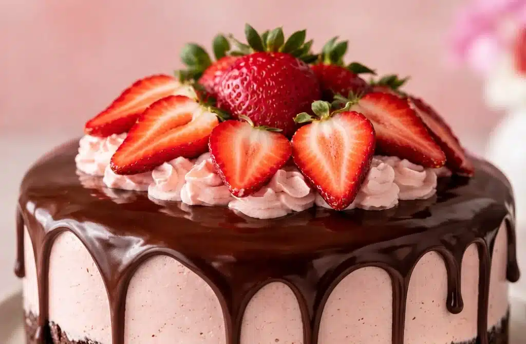 Decadent Strawberry Chocolate Shell Cake topped with fresh strawberries and chocolate.