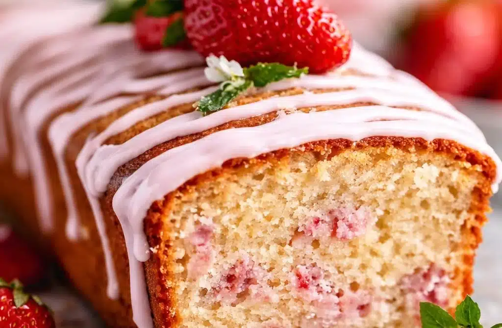 Delicious Strawberry Milkshake Pound Cake topped with fresh strawberries.