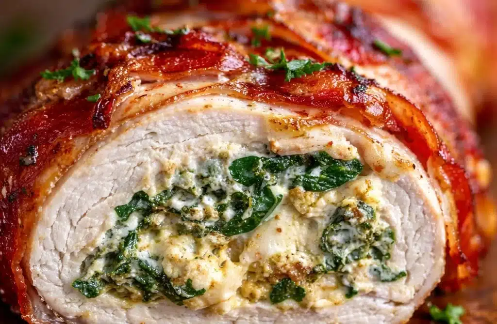 Stuffed chicken breast wrapped in crispy bacon, garnished with herbs.