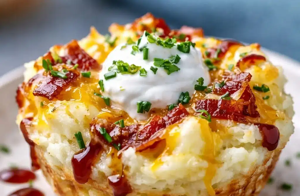Delicious stuffed mashed potato nests garnished with herbs