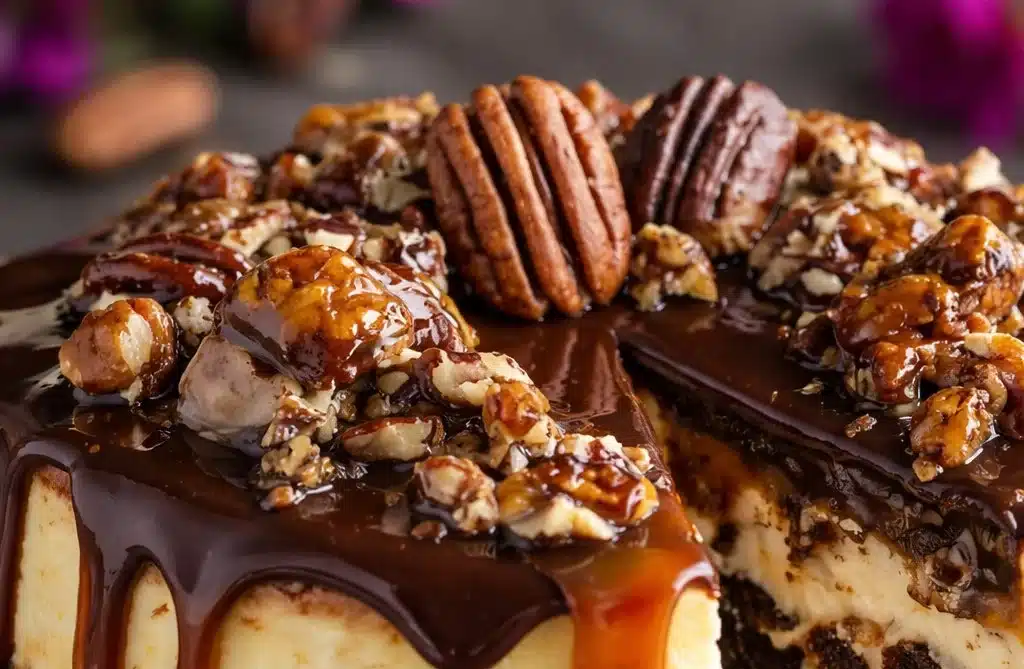 Slice of Turtle Fudge Cheesecake with chocolate drizzle and nuts