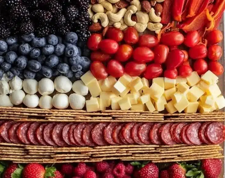4th of July themed charcuterie board with red, white, and blue treats.