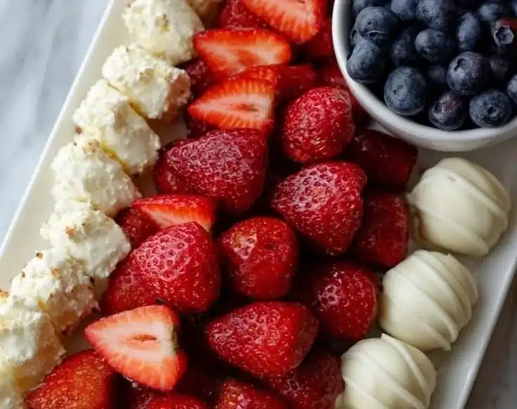 Colorful 4th of July fruit platter featuring strawberries, blueberries, and watermelon.