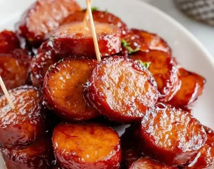 Delicious homemade BBQ Sausage Bites served on a platter