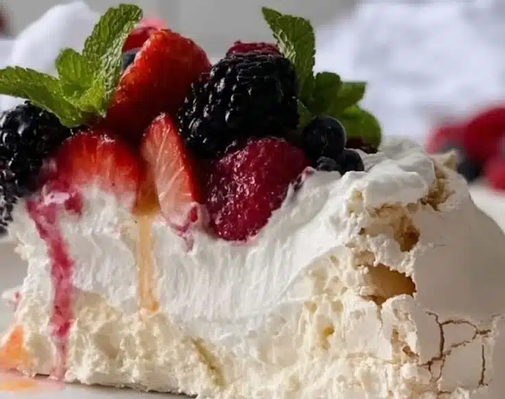 Delicious Berry Pavlova topped with mixed fresh berries and whipped cream