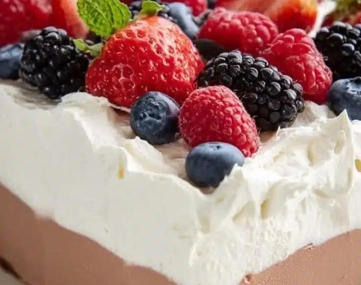 Delicious berry tiramisu dessert with strawberries and blueberries