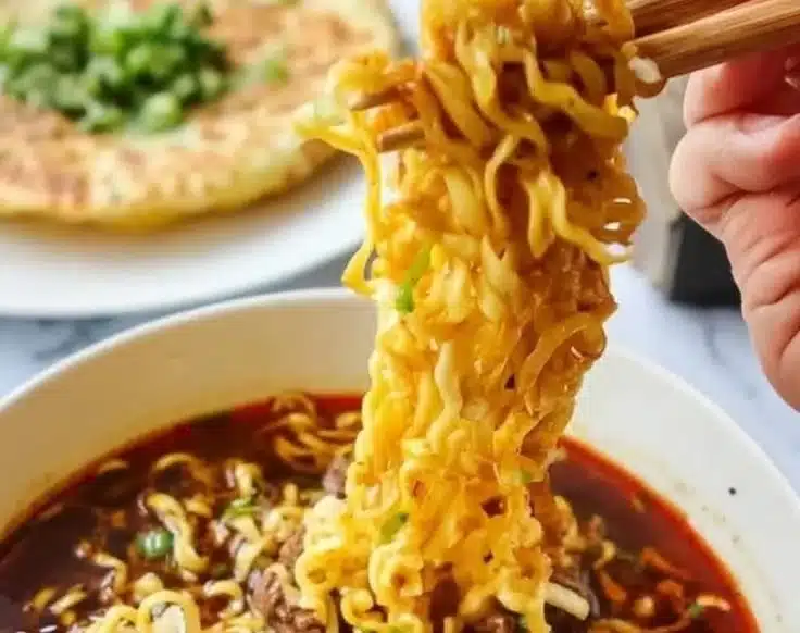 Delicious bowl of Birria Ramen with beef and chile consomé topped with fresh herbs