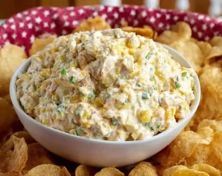 Creamy Cheesy Corn Dip served in a bowl with tortilla chips