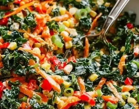 Chopped kale salad with fresh vegetables and dressing on a plate