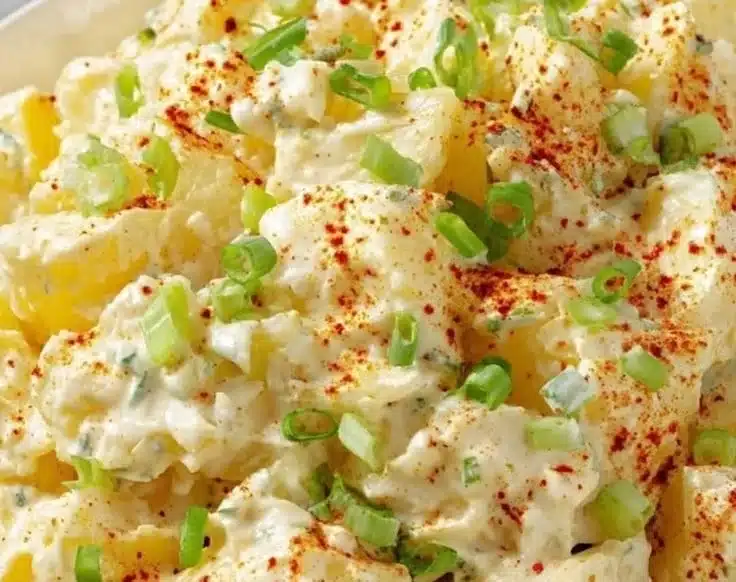 Classic creamy potato salad in a bowl with herbs and spices