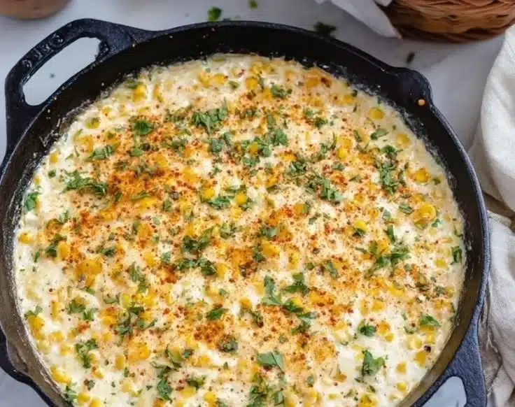 Creamy baked elote dip served in a bowl with tortilla chips