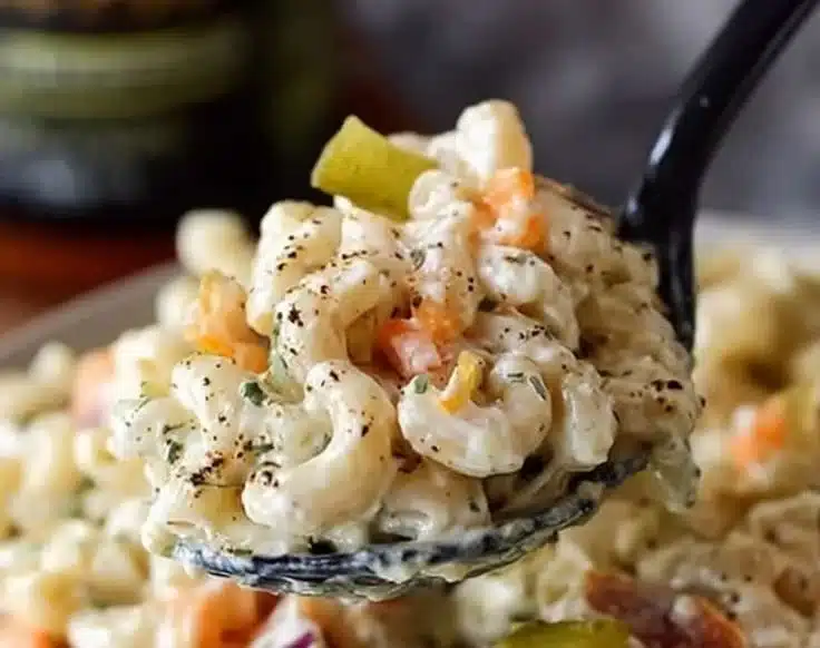 Delicious Dill Pickle Macaroni Salad served in a bowl with fresh herbs.
