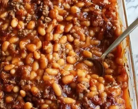 Delicious homemade baked beans in a rustic dish