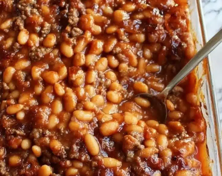 Delicious dish of easy baked beans served in a rustic bowl.
