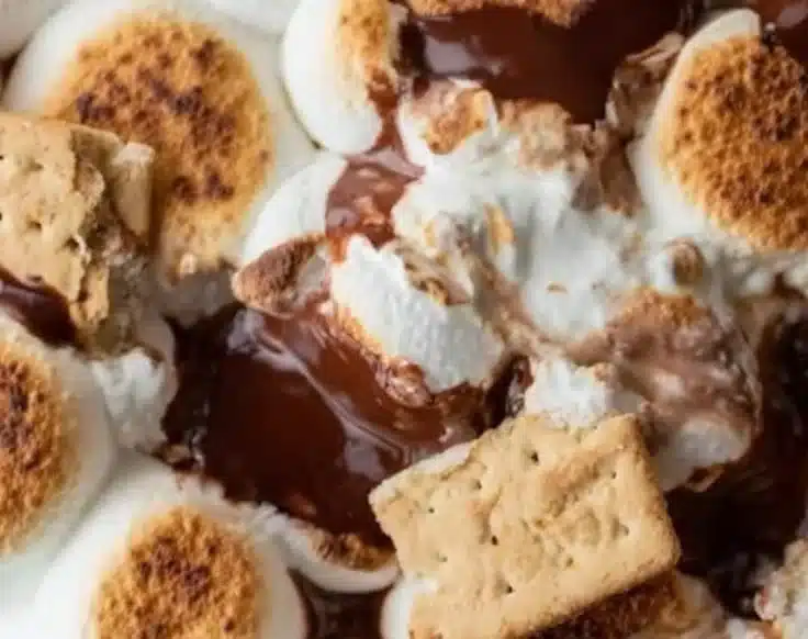 Delicious and gooey S'mores dip served with graham crackers and chocolate.