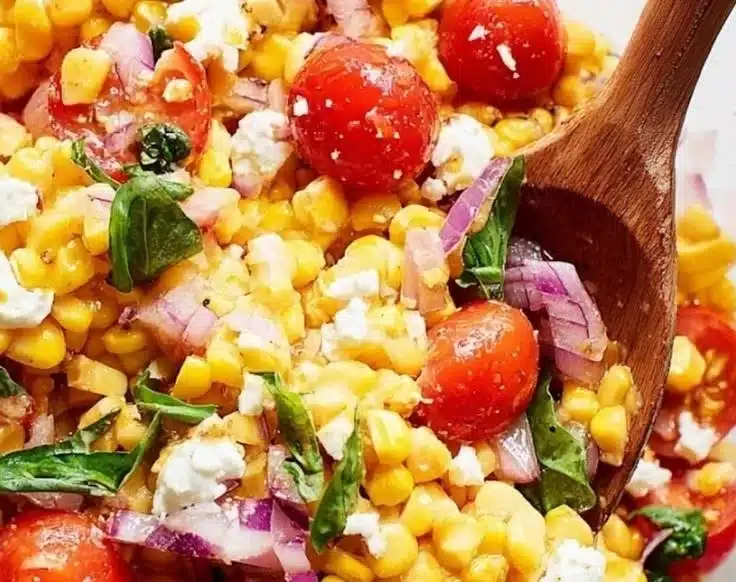 Bowl of fresh corn salad with feta cheese and basil leaves