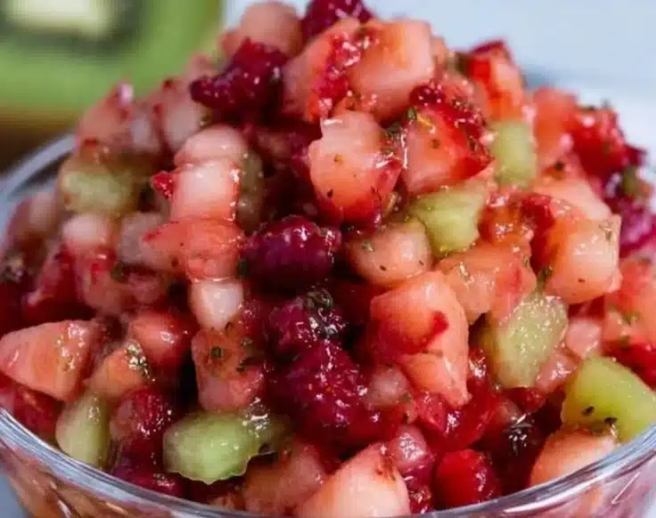 Fruit salsa with cinnamon sugar tortilla chips on a colorful plate