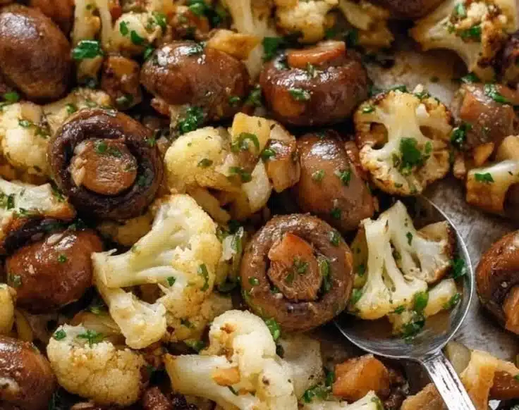 Delicious garlic mushroom cauliflower skillet cooked to perfection
