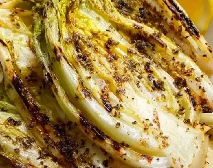 Grilled napa cabbage served on a plate with seasoning.