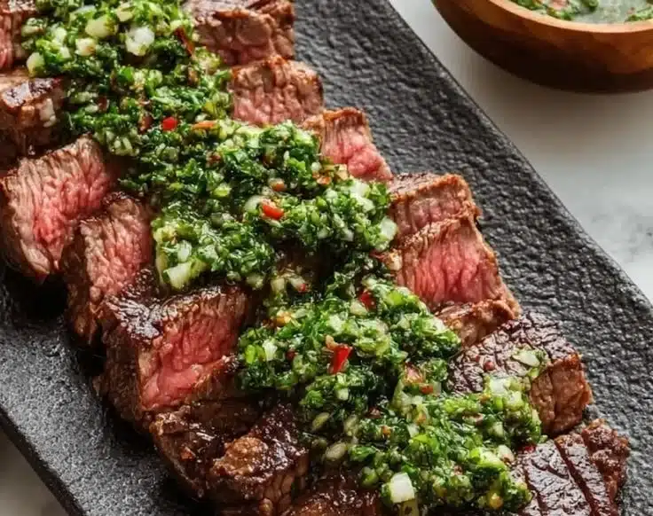 Grilled ribeye steak topped with chimichurri sauce on a plate