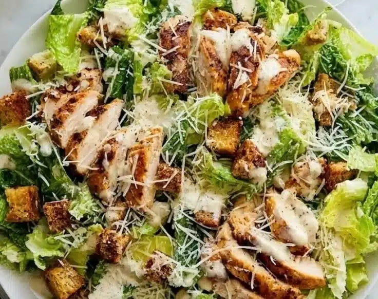 Delicious homemade Chicken Caesar Salad with romaine and grilled chicken