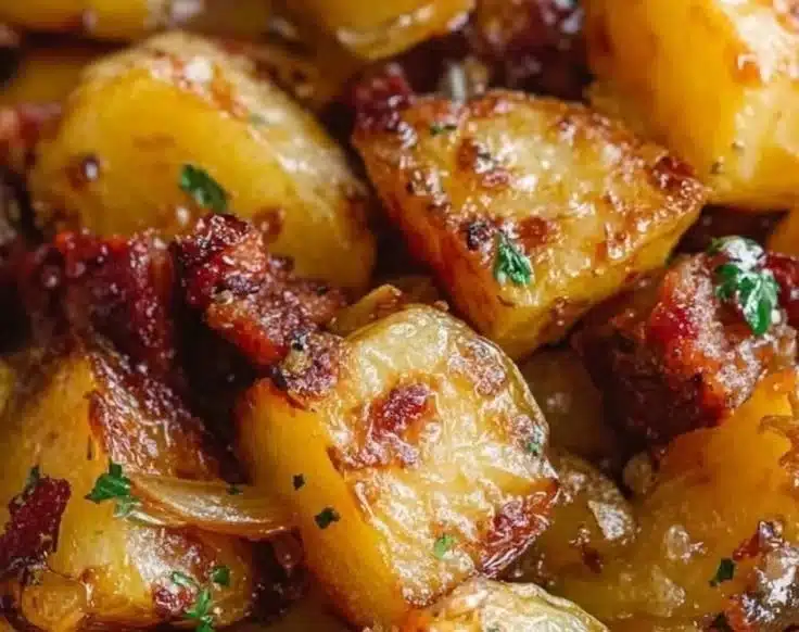Honey-glazed bacon with roasted potatoes served in a bowl