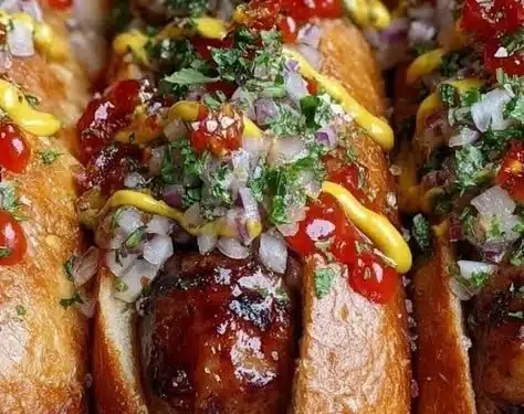 Delicious hot dogs topped with spicy firecracker sauce