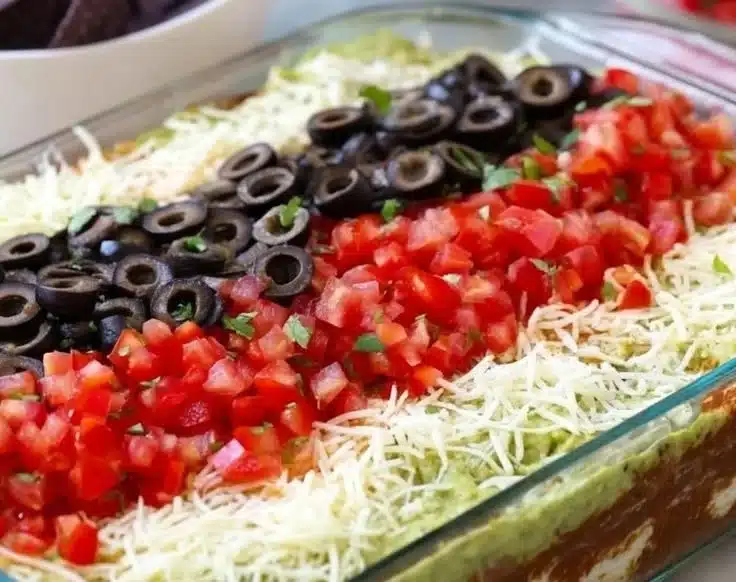 Layered Taco Dip with American Flag Theme 3 Layered Taco Dip decorated with an American flag theme, ideal for festive gatherings