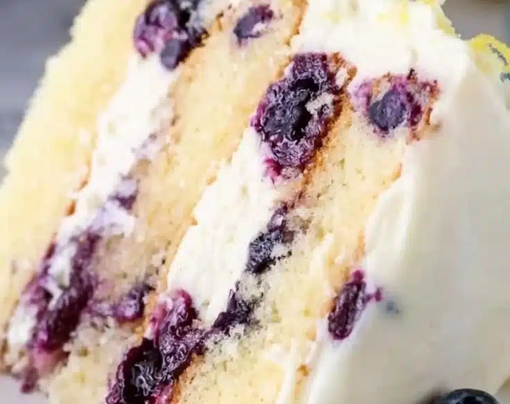Moist lemon blueberry cake topped with fresh blueberries and lemon zest.