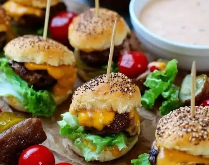 Mini cheeseburger skewers served on a platter at a festive gathering