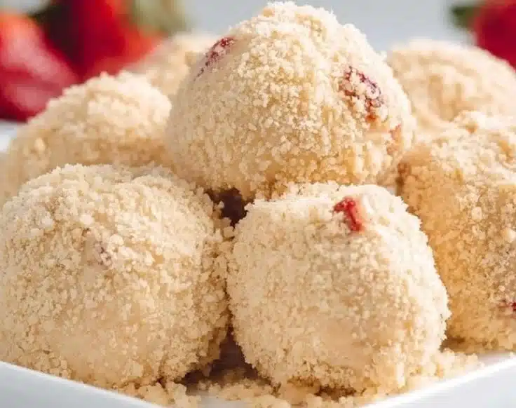 No-bake strawberry cheesecake bites on a platter, ready to serve