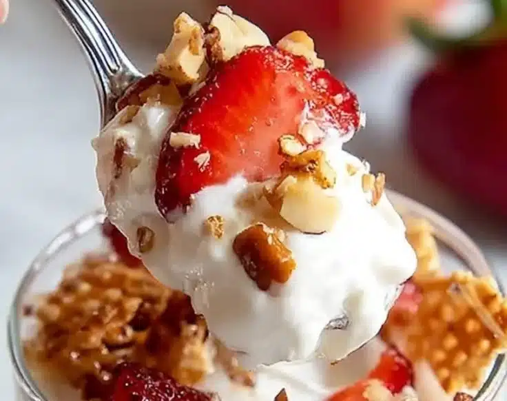 No-Bake Strawberry Pretzel Parfait Dessert with fresh strawberries and cream