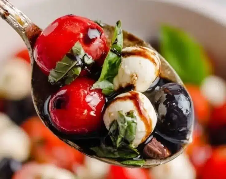 Patriotic Caprese Salad with tomatoes, mozzarella, and basil in red, white, and blue colors