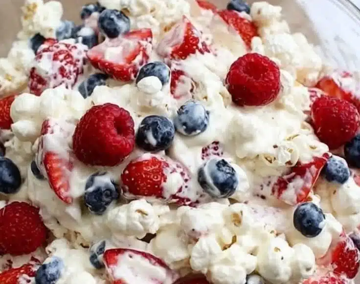 Patriotic cheesecake salad with red, white, and blue layers of cheesecake and fruit.