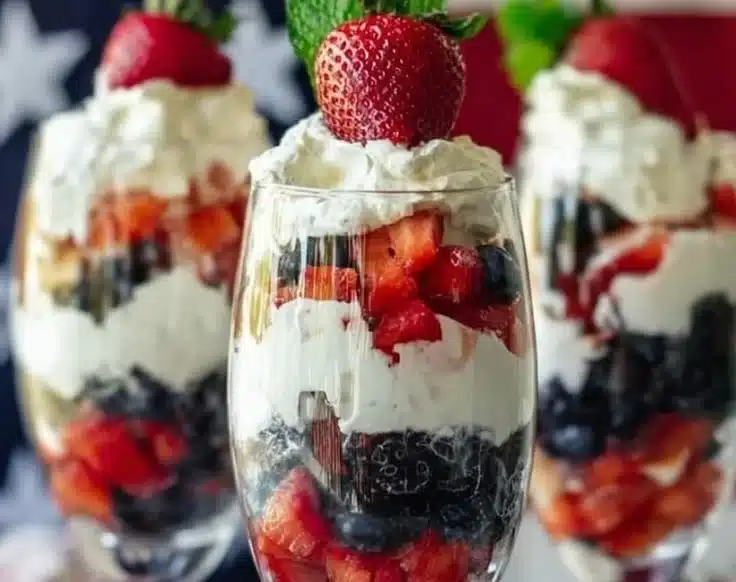 Red White and Blueberry Parfait with layers of yogurt, blueberries, and strawberries