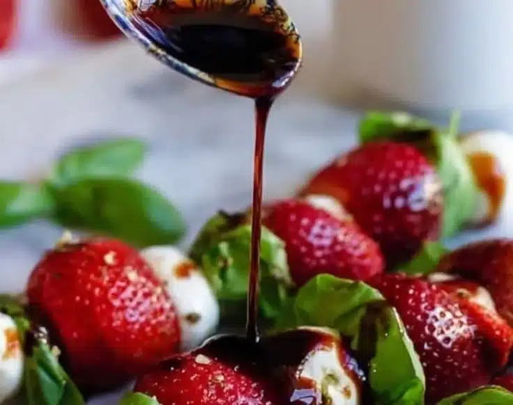 Strawberry caprese skewers with fresh basil and balsamic glaze