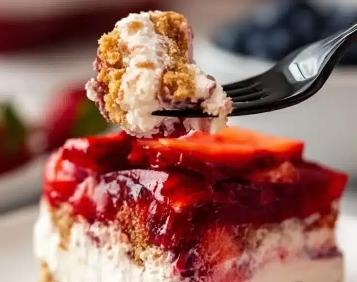 Delicious Strawberry Pretzel Jello Salad in a serving bowl