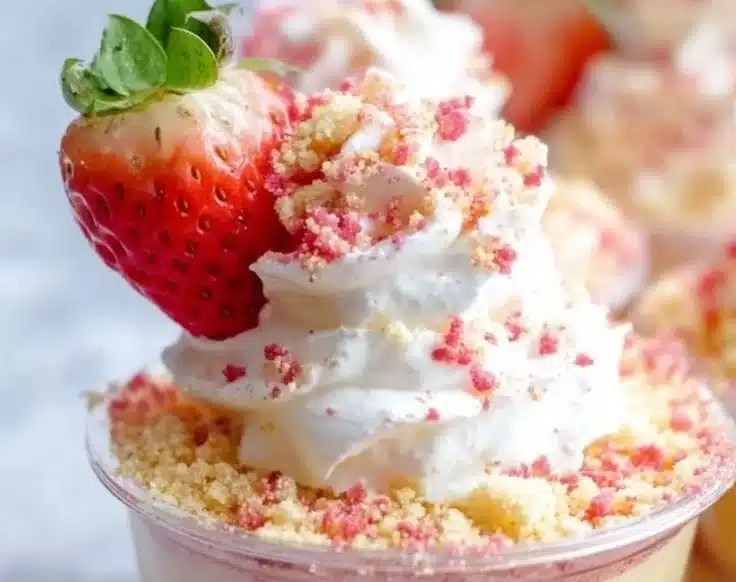 Strawberry shortcake pudding cups with fresh strawberries and whipped cream