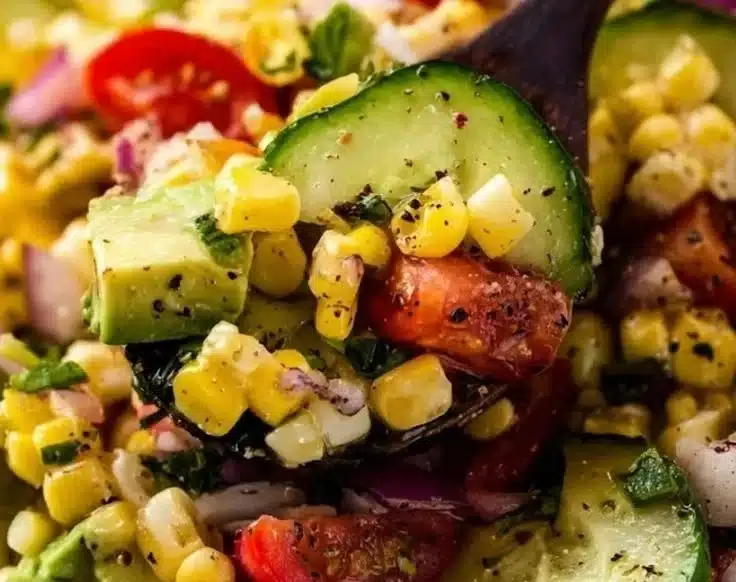 Delicious summer corn salad featuring fresh corn and colorful vegetables.