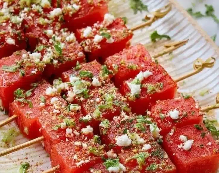 Delicious Watermelon Tajin Skewers garnished with lime and chili powder.
