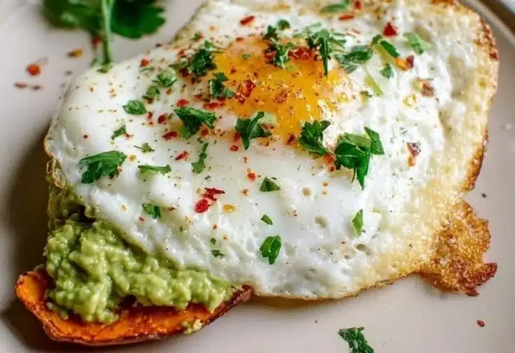 Avocado egg toast served on sweet potato slice topped with herbs